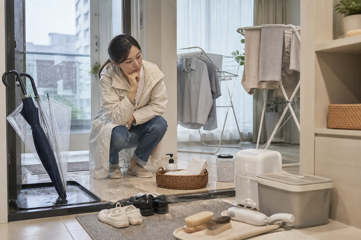 비 오는 날 현관과 세탁 공간에서 장마철 생활 문제를 점검하는 모습